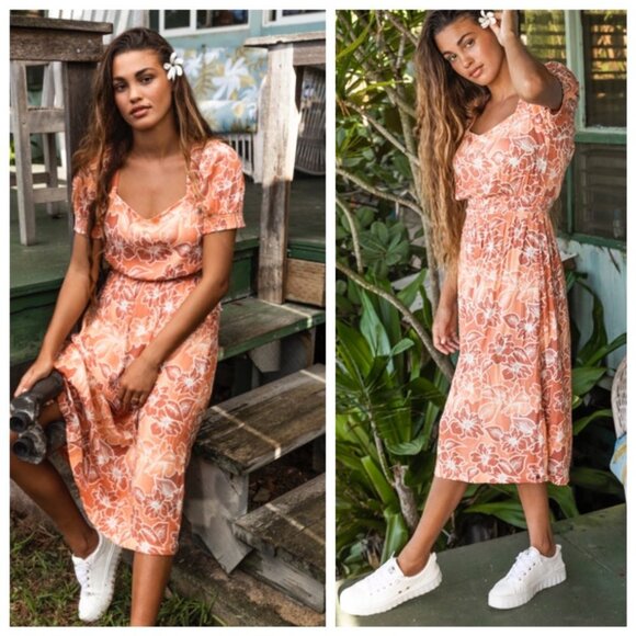 NWT Roxy Papaya Punch Palmy Breeze Orange Backless Midi Dress, size Small - Picture 1 of 9